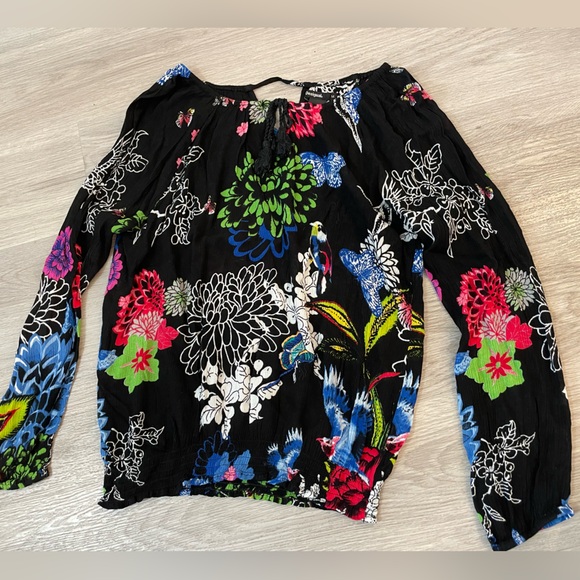 DESIGUAL Black & Floral Print Designer Blouse Longsleeve Flowy Top. Size M - Picture 5 of 12